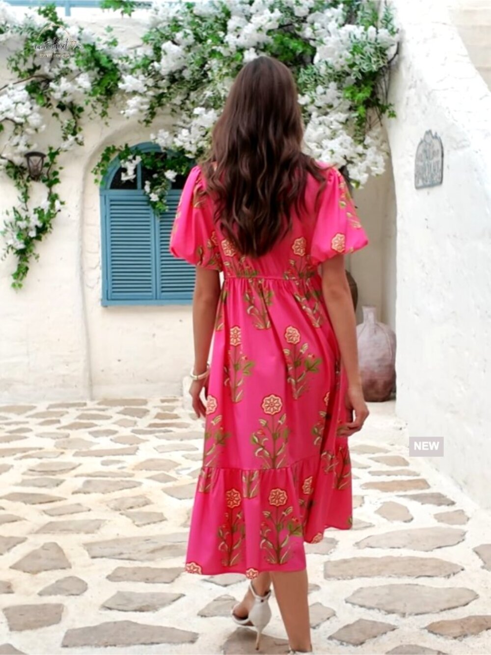 Summer Floral Maxi Dress A-Line Puff Sleeve V-Neck Boho Beach Vacation - Picture 7 of 7